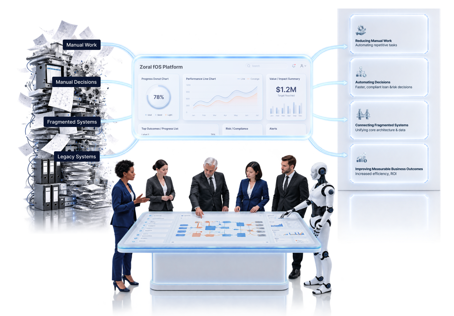 Manual work, decisions and fragmented legacy systems flowing into the Zoral fOS platform, with a team reviewing outcomes on an interactive table