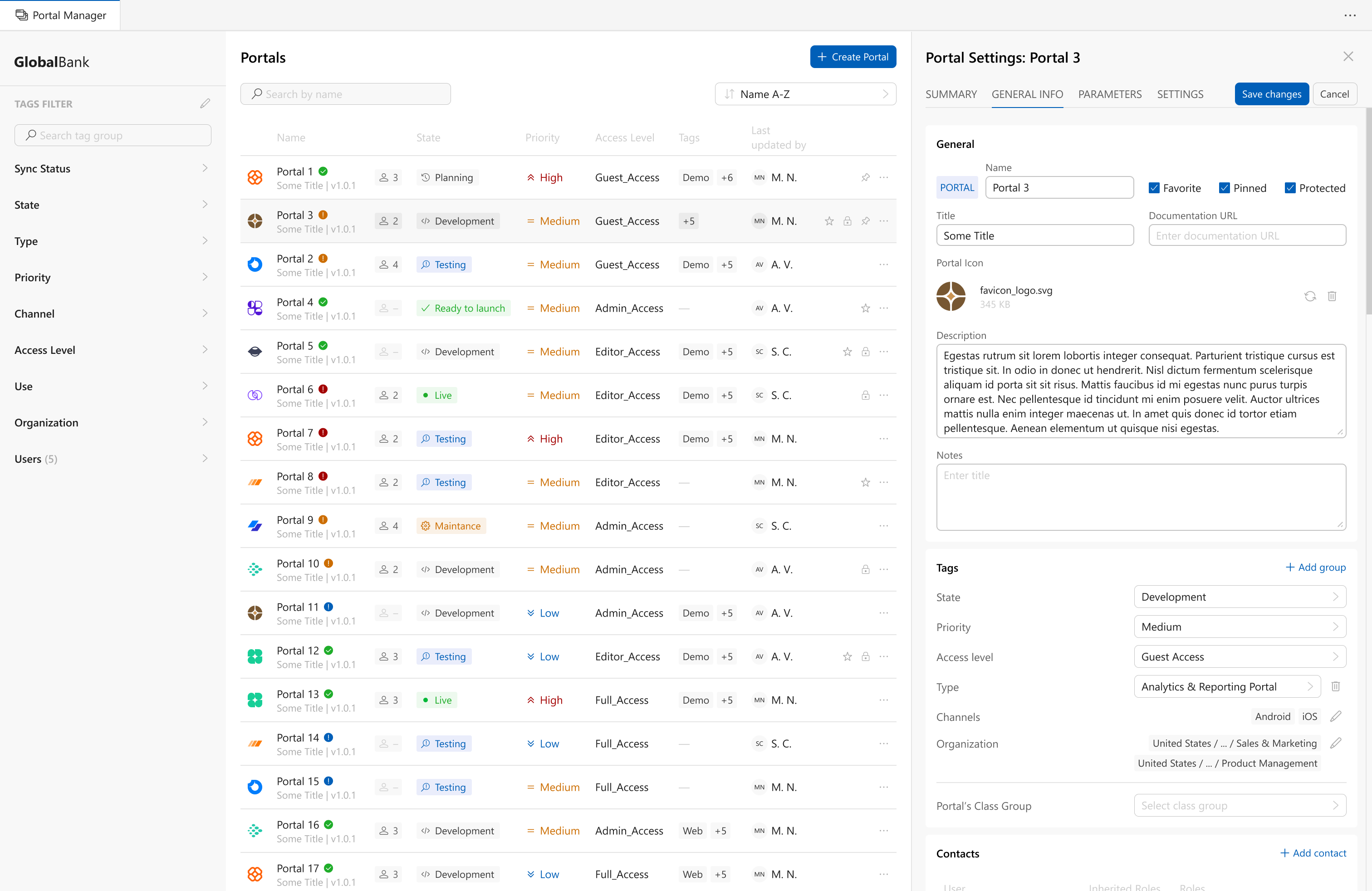 Zoral Portal Studio — Portal Manager listing portals with state, priority, access level and tags